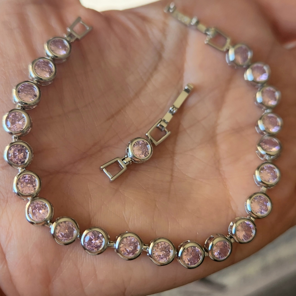 New 925 Silver Round Cut Pink Sapphire Bezel Setting Bracelet Women Extender - Picture 7 of 10